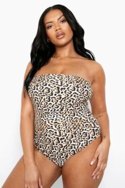 BOOHOO Plus Essentials Leopard Bandeau Swimsuit