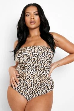 BOOHOO Plus Essentials Leopard Bandeau Swimsuit -Sea Vibe Together female brown plus essentials leopard bandeau swimsuit 3