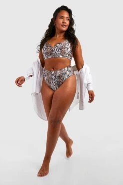 BOOHOO Plus Essentials Snake Print High Waist Bikini Brief -Sea Vibe Together female brown plus essentials snake print high waist bikini brief 2