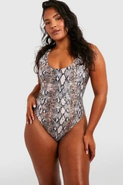 BOOHOO Plus Essentials Snake Print Scoop Swimsuit