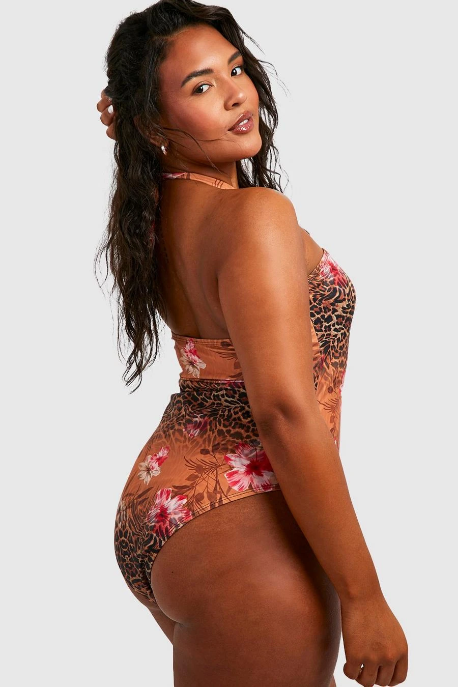 BOOHOO Plus Tropical Leopard Bandeau Halter Tie Swimsuit 2 BOOHOO Plus Tropical Leopard Bandeau Halter Tie Swimsuit - Image 2