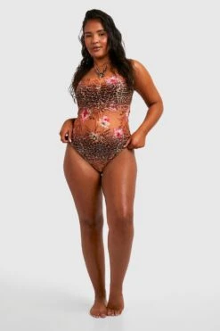 BOOHOO Plus Tropical Leopard Bandeau Halter Tie Swimsuit