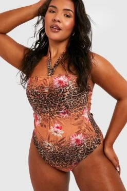 BOOHOO Plus Tropical Leopard Bandeau Halter Tie Swimsuit 7 BOOHOO Plus Tropical Leopard Bandeau Halter Tie Swimsuit -Sea Vibe Together female brown plus tropical leopard bandeau halter tie swimsuit 3