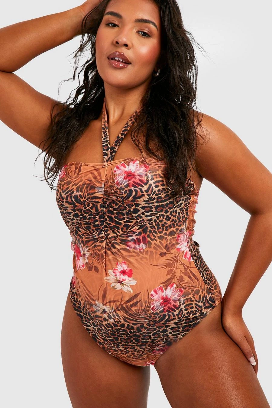 BOOHOO Plus Tropical Leopard Bandeau Halter Tie Swimsuit 4 BOOHOO Plus Tropical Leopard Bandeau Halter Tie Swimsuit - Image 4