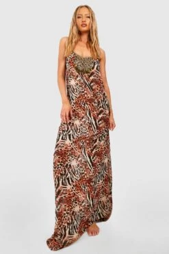 BOOHOO Tall Beach Leopard Print Beaded Hanky Hem Chiffon Maxi Dress -Sea Vibe Together female brown tall beach leopard print beaded hanky hem chiffon maxi dress 2