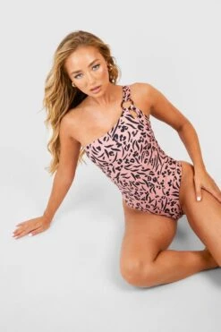 BOOHOO Tiger Tummy Control O-ring One Shoulder Swimsuit -Sea Vibe Together female brown tiger tummy control o ring one shoulder swimsuit 3