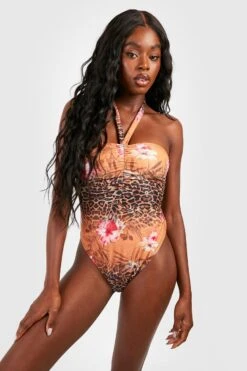 BOOHOO Tropical Leopard Bandeau Halter Tie Swimsuit -Sea Vibe Together female brown tropical leopard bandeau halter tie swimsuit 2