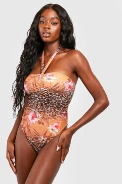 BOOHOO Tropical Leopard Bandeau Halter Tie Swimsuit