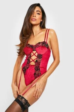 BOOHOO Velvet & Mesh Embroidered Bodysuit