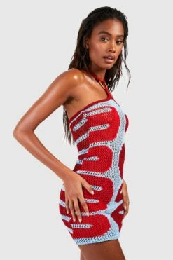BOOHOO Crochet Halter Square Ring Beach Dress -Sea Vibe Together female chocolate crochet halter square ring beach dress 2