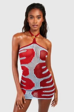 BOOHOO Crochet Halter Square Ring Beach Dress