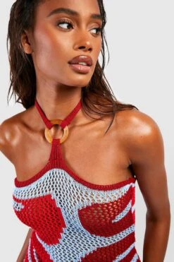 BOOHOO Crochet Halter Square Ring Beach Dress -Sea Vibe Together female chocolate crochet halter square ring beach dress 3