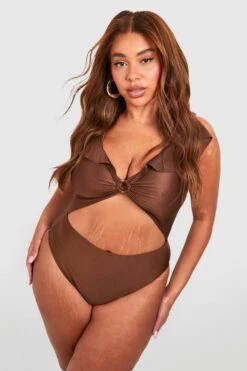 BOOHOO Plus Frill Ring Detail Cut Out Swimsuit -Sea Vibe Together female chocolate plus frill ring detail cut out swimsuit 2