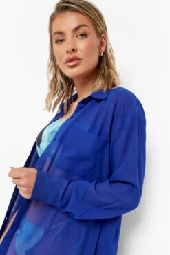 BOOHOO Chiffon Beach Shirt Dress -Sea Vibe Together female cobalt chiffon beach shirt dress 3
