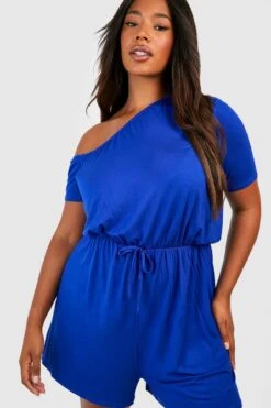 BOOHOO Plus Jersey Knit Asymmetric Beach Romper -Sea Vibe Together female cobalt plus jersey knit asymmetric beach romper 2