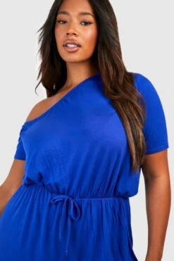 BOOHOO Plus Jersey Knit Asymmetric Beach Romper -Sea Vibe Together female cobalt plus jersey knit asymmetric beach romper 3