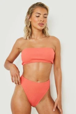 BOOHOO Crinkle Bandeau High Waist Bikini Set -Sea Vibe Together female coral20pink crinkle bandeau high waist bikini set 2