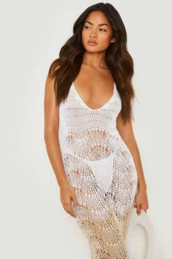 BOOHOO Crochet Contrast Scallop Scoop Beach Dress -Sea Vibe Together female cream crochet contrast scallop scoop beach dress 3