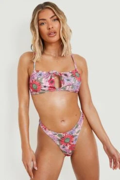 BOOHOO Floral Print Ruched Tie Bikini Top