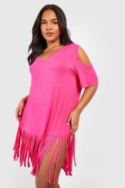 BOOHOO Plus Cold Shoulder Cut Out Tassel Beach Dress -Sea Vibe Together female fuchsia plus cold shoulder cut out tassel beach dress 2