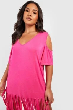 BOOHOO Plus Cold Shoulder Cut Out Tassel Beach Dress -Sea Vibe Together female fuchsia plus cold shoulder cut out tassel beach dress 3