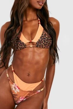 BOOHOO Duo Beaded Tropical Leopard Bikini Set -Sea Vibe Together female golden20orange duo beaded tropical leopard bikini set 3