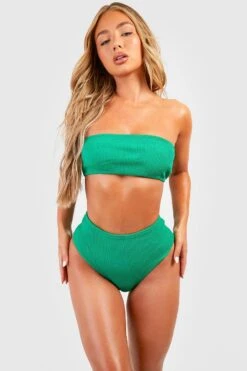 BOOHOO Crinkle High Waist Bikini Brief -Sea Vibe Together female green crinkle high waist bikini brief 2