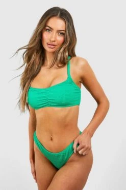 BOOHOO Crinkle Ruched Strappy High Waist Bikini Set
