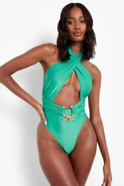 BOOHOO Gold Trim Halter Cut Out Swimsuit