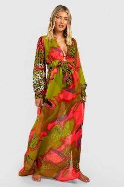 BOOHOO Neon Tie Dye Animal Maxi Beach Kaftan