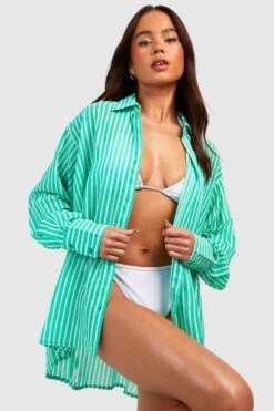 BOOHOO Petite Stripe Oversized Beach Shirt