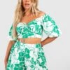 BOOHOO Plus Woven Hawaiian Print Puff Sleeve Crop Top
