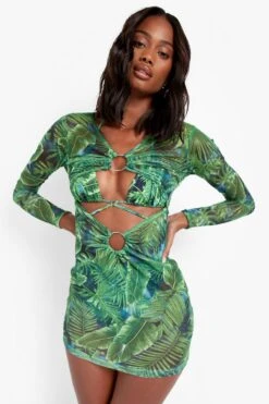 BOOHOO Tropicana O-Ring Mesh Beach Dress