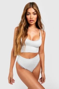 BOOHOO Lace Trim Ribbed Seamless Longline Bralette -Sea Vibe Together female grey lace trim ribbed seamless longline bralette 2