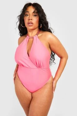 BOOHOO Plus Chain Choker Plunge Swimsuit -Sea Vibe Together female hot20pink plus chain choker plunge swimsuit 2