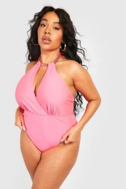 BOOHOO Plus Chain Choker Plunge Swimsuit