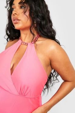 BOOHOO Plus Chain Choker Plunge Swimsuit -Sea Vibe Together female hot20pink plus chain choker plunge swimsuit 3
