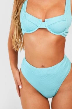BOOHOO Ribbed High Waisted Bikini Brief 7 BOOHOO Ribbed High Waisted Bikini Brief -Sea Vibe Together female light20blue ribbed high waisted bikini brief 3