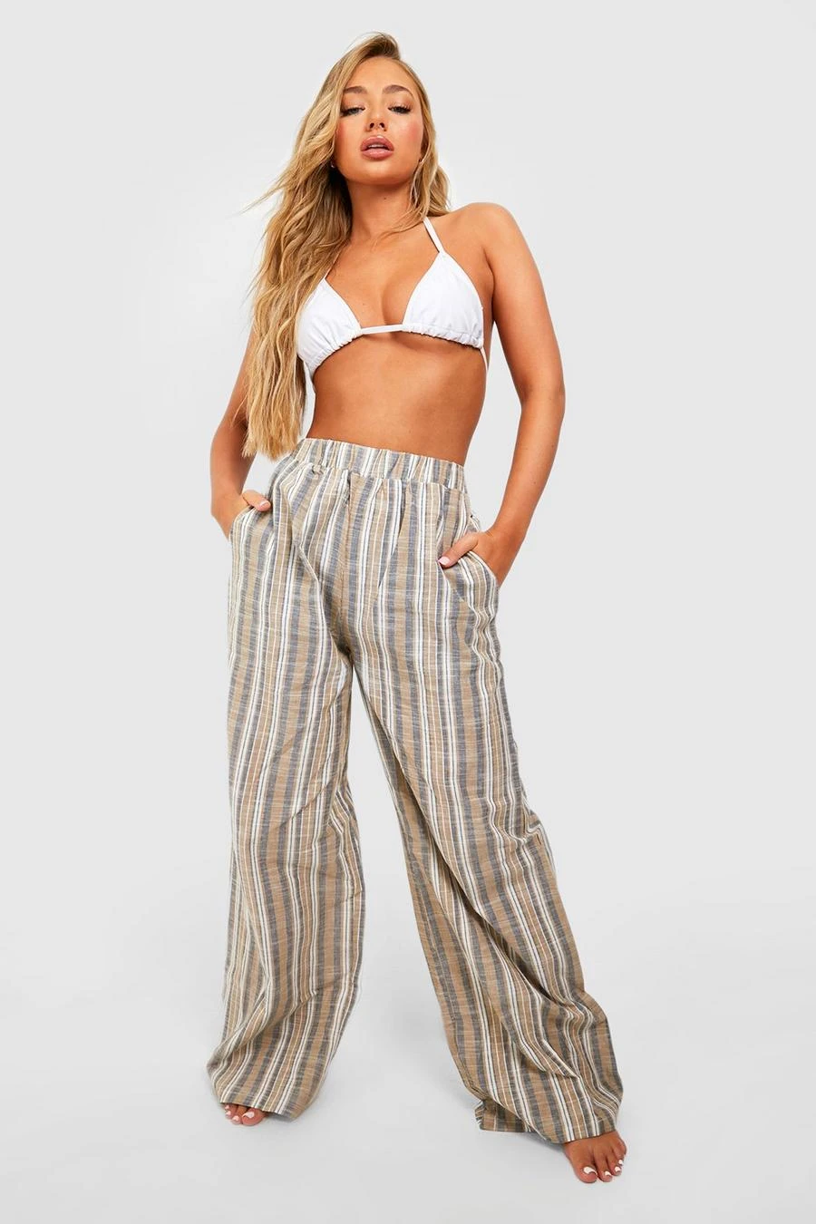 BOOHOO Striped Linen Look Wide Leg Beach Pants 3 BOOHOO Striped Linen Look Wide Leg Beach Pants - Image 3