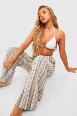 BOOHOO Striped Linen Look Wide Leg Beach Pants
