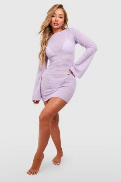 BOOHOO Crochet Knit Open Back Beach Mini Dress -Sea Vibe Together female lilac crochet knit open back beach mini dress 2