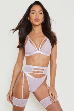 BOOHOO Mesh Strapping Bralette Thong And Suspender Set