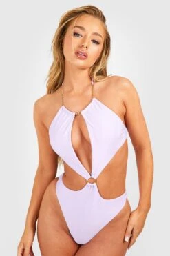 BOOHOO Petite Chain Detail Cut Out Swimsuit -Sea Vibe Together female lilac petite chain detail cut out swimsuit 2