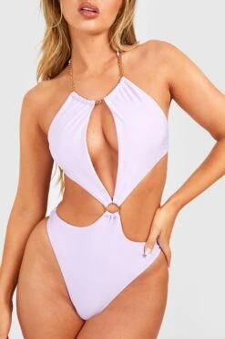 BOOHOO Petite Chain Detail Cut Out Swimsuit -Sea Vibe Together female lilac petite chain detail cut out swimsuit 3