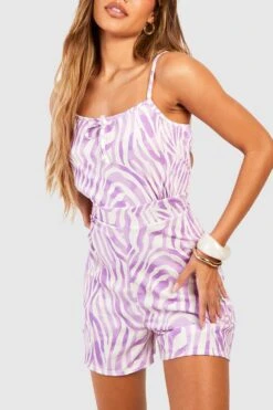 BOOHOO Zebra Strappy Cami Romper -Sea Vibe Together female lilac zebra strappy cami romper 3
