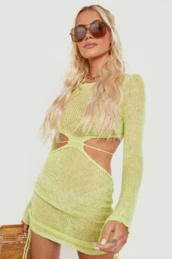 BOOHOO Cut Out Ruched Detail Knitted Beach Dress 6 BOOHOO Cut Out Ruched Detail Knitted Beach Dress -Sea Vibe Together female lime cut out ruched detail knitted beach dress 2
