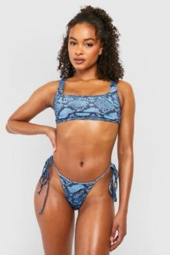 BOOHOO Snake Print Scoop Tie Side Bikini Set -Sea Vibe Together female mid20blue snake print scoop tie side bikini set 2