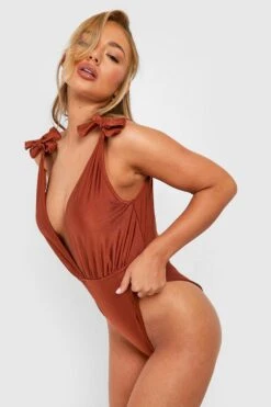 BOOHOO Tie Shoulder Padded Plunge Swimsuit -Sea Vibe Together female mocha tie shoulder padded plunge swimsuit 2