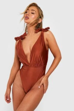 BOOHOO Tie Shoulder Padded Plunge Swimsuit