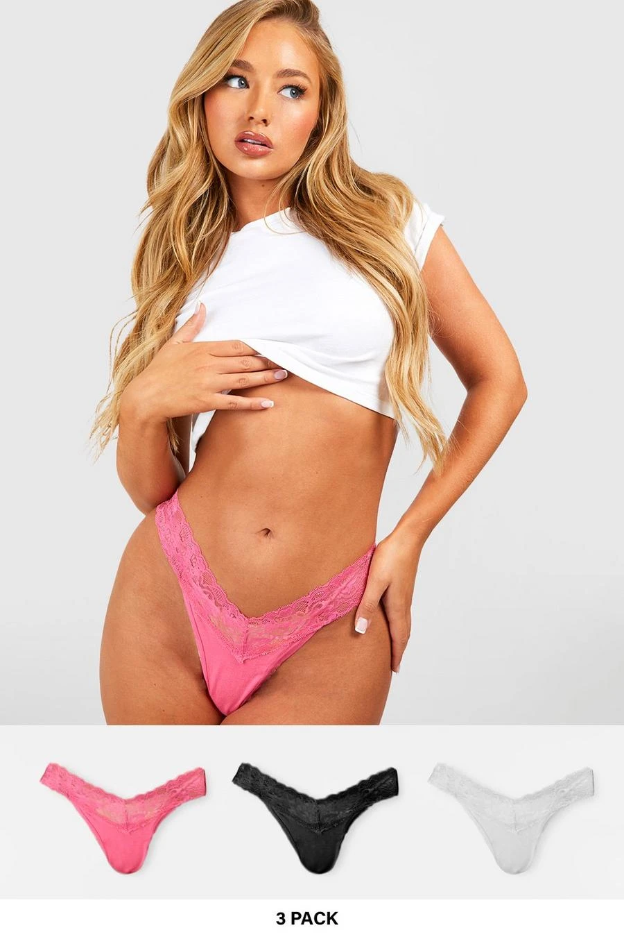 BOOHOO 3 Pack Lace Trim Thong 1 BOOHOO 3 Pack Lace Trim Thong